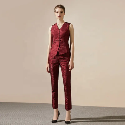 Jacquard Burgundy 3-Piece Double Breasted Trouser Suit – another front view, worn by a model