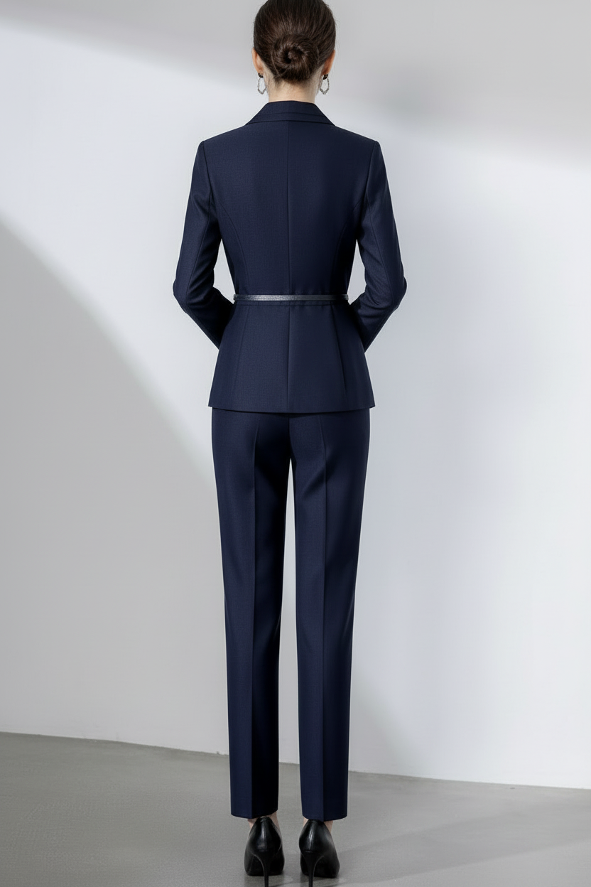 Mayfair Navy Asymmetrical Tailored Suit Women’s Blazer Trousers – back view, worn by a model