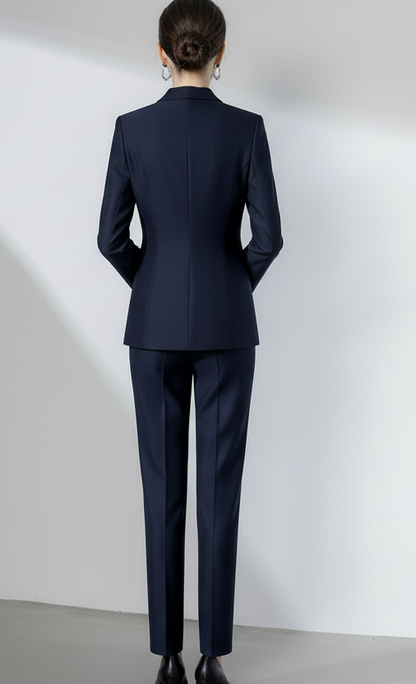 Mayfair Navy Asymmetrical Tailored Suit Women’s Blazer Trousers – another back view, worn by a model