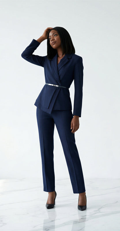 Mayfair Navy Asymmetrical Tailored Suit Women’s Blazer Trousers – another front view, worn by a model