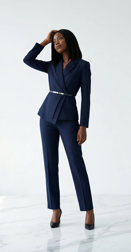 Mayfair Navy Asymmetrical Tailored Suit Women’s Blazer Trousers – another front view, worn by a model