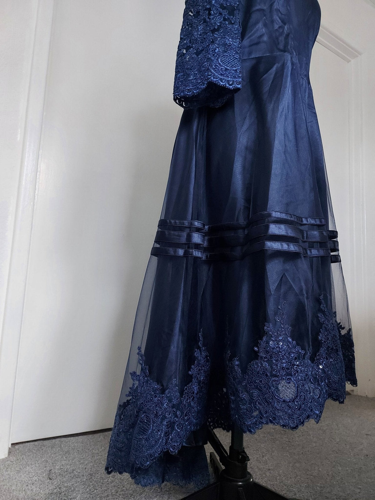 Midnight Navy Fold Collar High-Low Midi Dress for Mother of Bride – close-up of the fabric and details