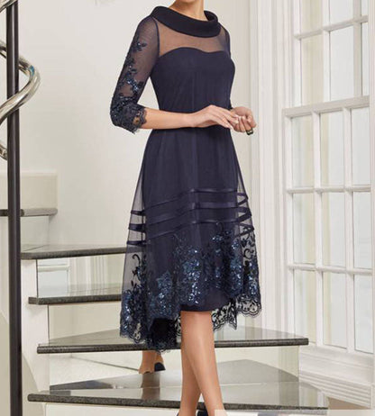 Midnight Navy Fold Collar High-Low Midi Dress for Mother of Bride – another front view, worn by a model