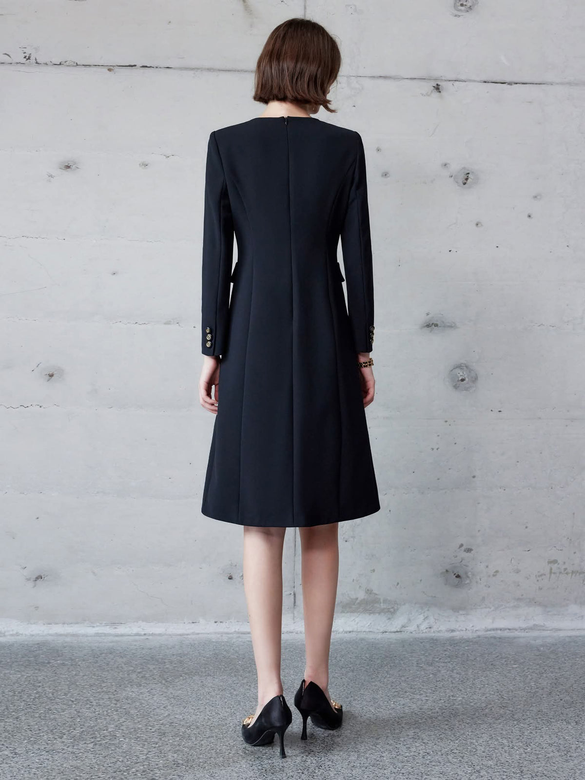 Midnight Sapphire Navy Blue Crepe Dress High Neckline Elegant Tailored – back view, worn by a model
