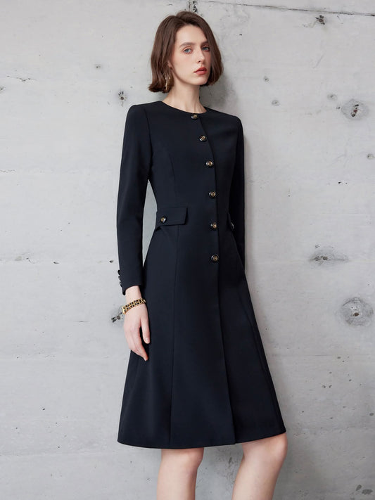 Midnight Sapphire Navy Blue Crepe Dress High Neckline Elegant Tailored – front view, worn by a model