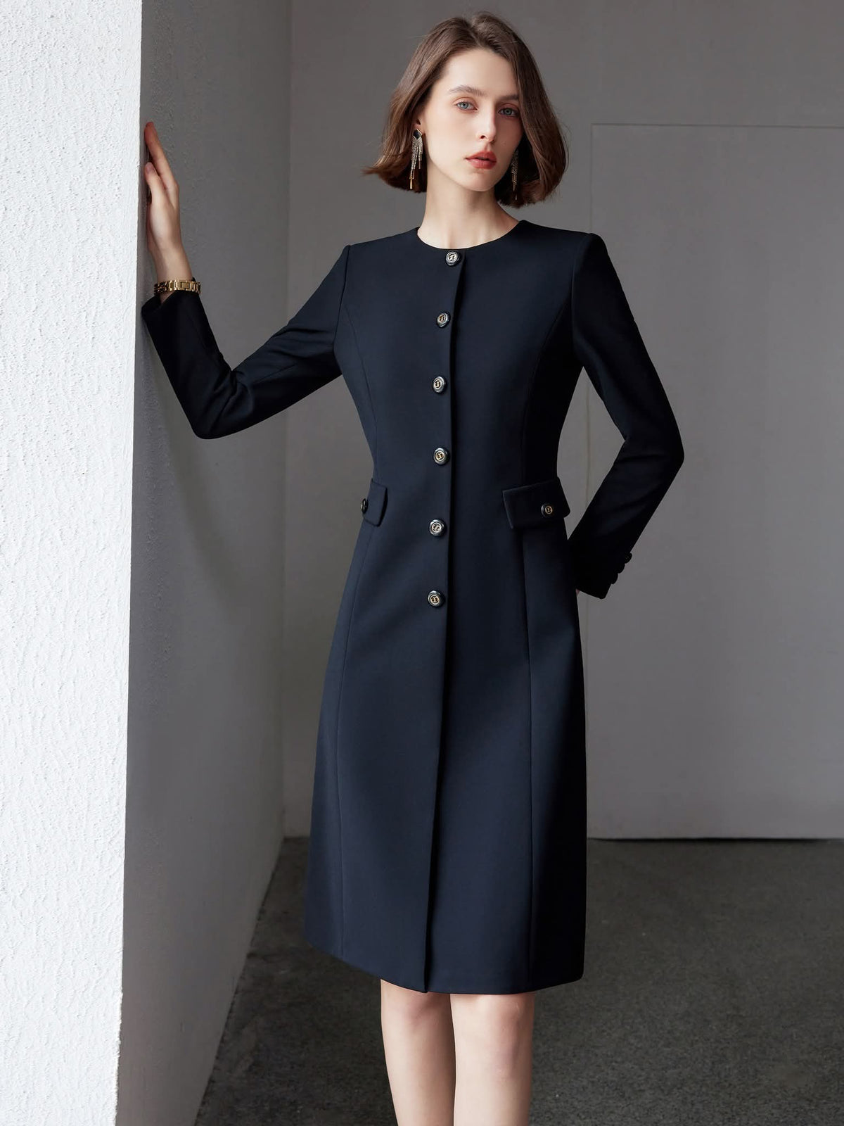 Midnight Sapphire Navy Blue Crepe Dress High Neckline Elegant Tailored – another front view, worn by a model