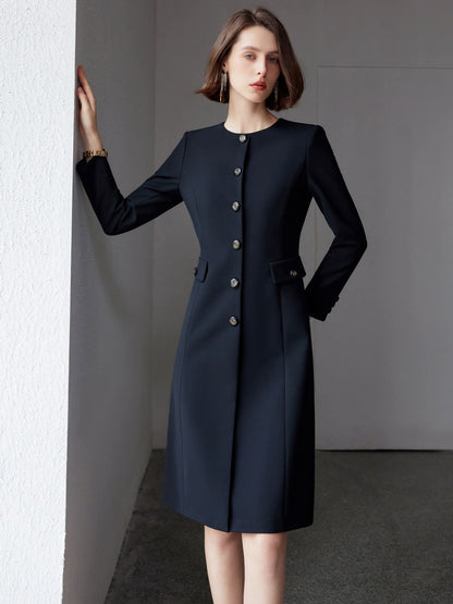 Midnight Sapphire Navy Blue Crepe Dress High Neckline Elegant Tailored – another front view, worn by a model