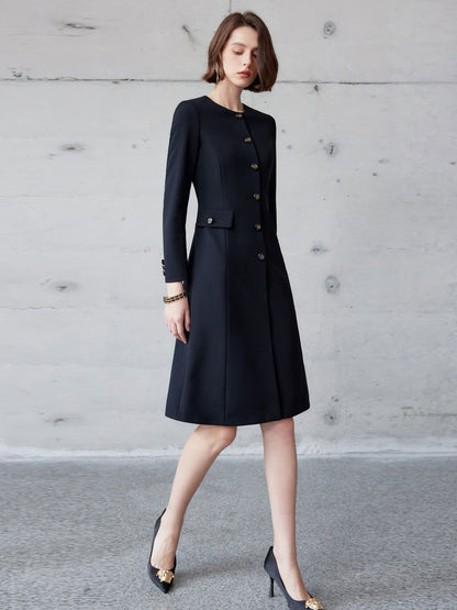 Midnight Sapphire Navy Blue Crepe Dress High Neckline Elegant Tailored – another front view, worn by a model