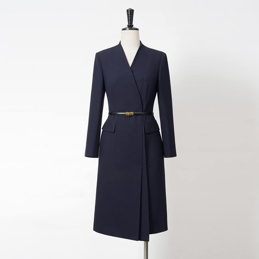 Midnight Sovereign Navy Wrap Dress Tailored Midi Long Sleeve – shown on a dress form