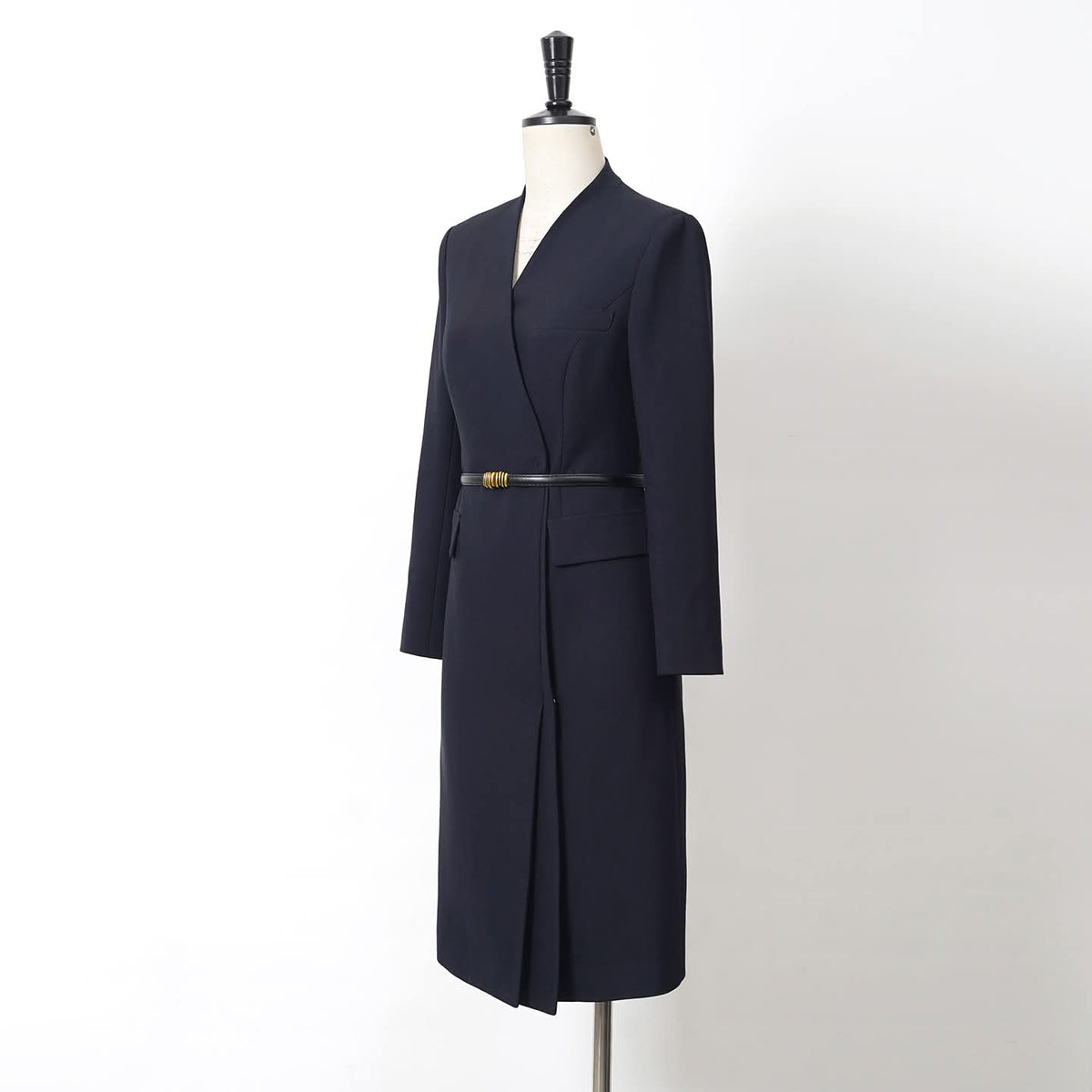 Midnight Sovereign Navy Wrap Dress Tailored Midi Long Sleeve – another shown on a dress form