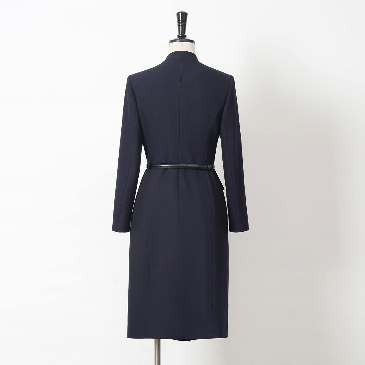 Midnight Sovereign Navy Wrap Dress Tailored Midi Long Sleeve – another shown on a dress form