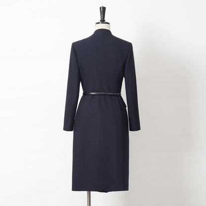 Midnight Sovereign Navy Wrap Dress Tailored Midi Long Sleeve – another shown on a dress form