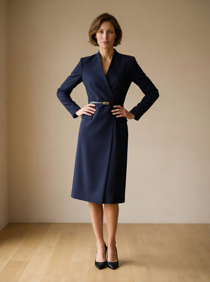 Midnight Sovereign Navy Wrap Dress Tailored Midi Long Sleeve – front view, worn by a model
