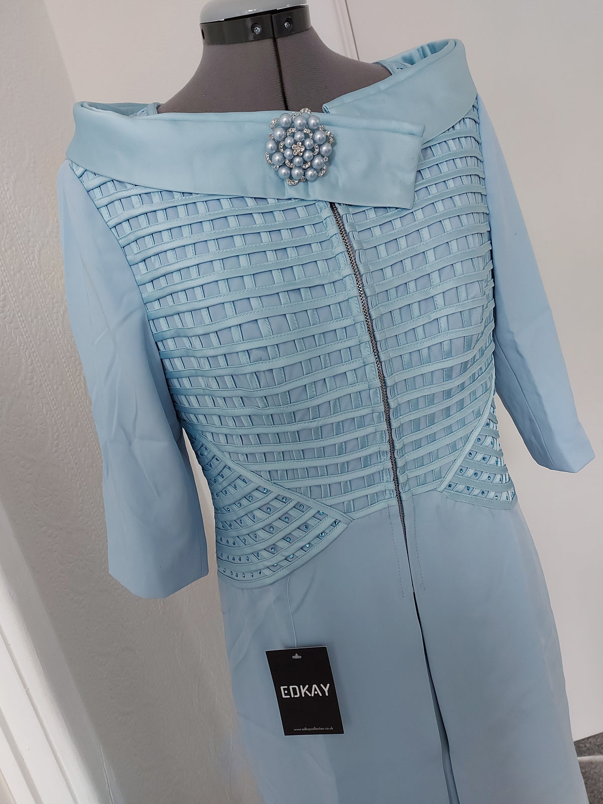 Mother of the Bride Dress Suit Powder Blue Delicate Weave Embellished Cape Neckline – close-up of the fabric and details