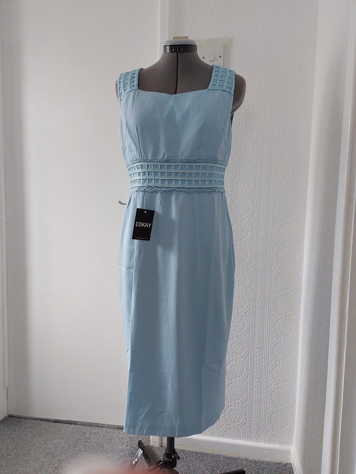 Mother of the Bride Dress Suit Powder Blue Delicate Weave Embellished Cape Neckline – shown on a dress form
