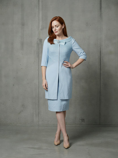 Mother of the Bride Dress Suit Powder Blue Delicate Weave Embellished Cape Neckline – front view, worn by a model