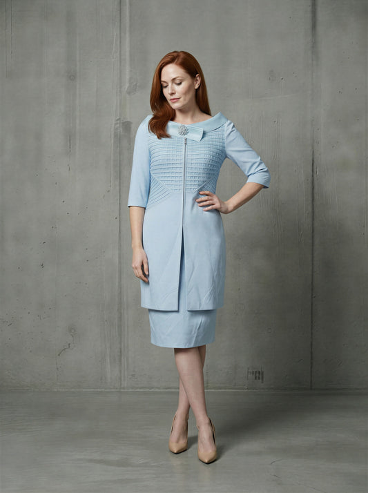 Mother of the Bride Dress Suit Powder Blue Delicate Weave Embellished Cape Neckline – front view, worn by a model