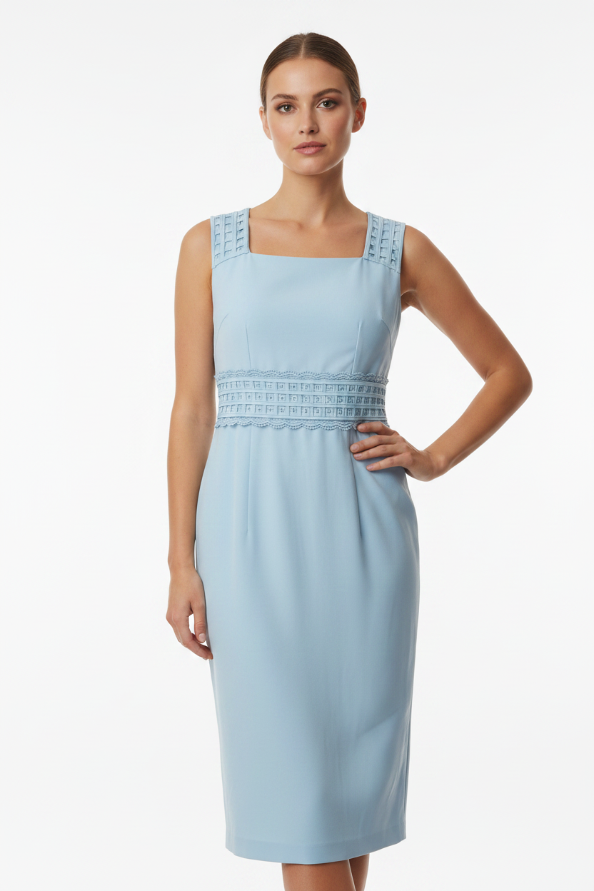 Mother of the Bride Dress Suit Powder Blue Delicate Weave Embellished Cape Neckline – another front view, worn by a model