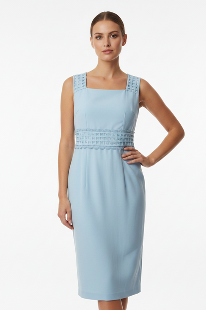 Mother of the Bride Dress Suit Powder Blue Delicate Weave Embellished Cape Neckline – another front view, worn by a model