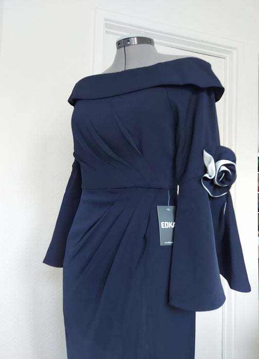 Navy Blue Off-Shoulder Dress Contrast Trumpet Sleeves – shown on a dress form