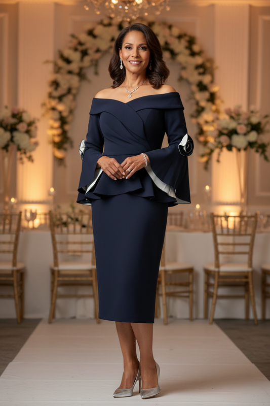 Navy Blue Off-Shoulder Dress Contrast Trumpet Sleeves – front view, worn by a model