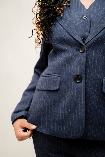 Navy Blue Striped 3-Piece Trouser Suit Women’s Formal Wear – close-up of the fabric and details
