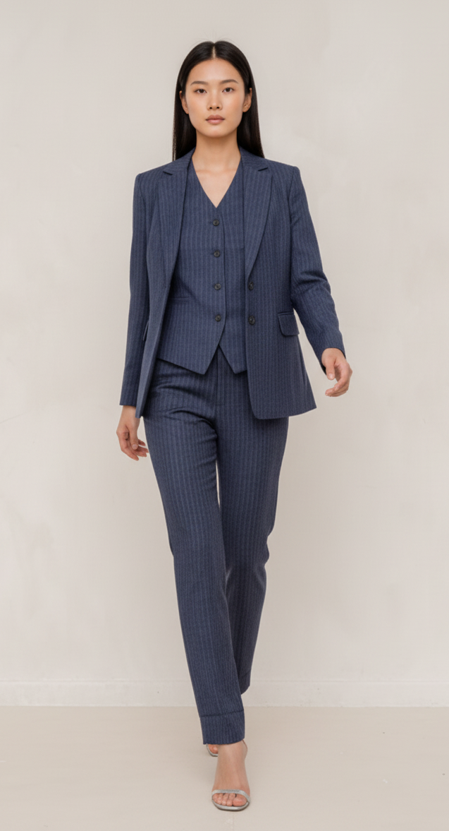 Navy Blue Striped 3-Piece Trouser Suit Women’s Formal Wear – front view, worn by a model