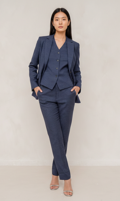 Navy Blue Striped 3-Piece Trouser Suit Women’s Formal Wear – another front view, worn by a model