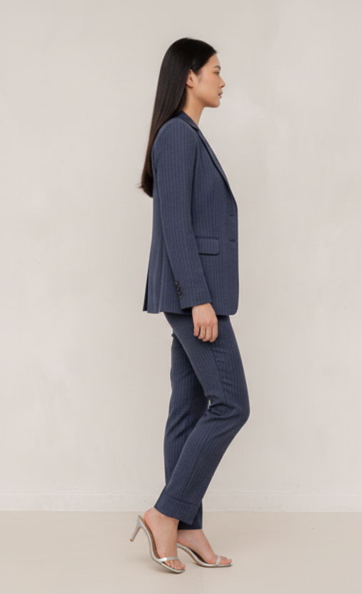 Navy Blue Striped 3-Piece Trouser Suit Women’s Formal Wear – side view, worn by a model