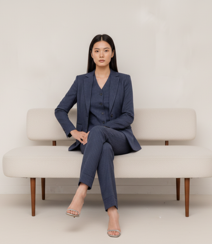 Navy Blue Striped 3-Piece Trouser Suit Women’s Formal Wear – styled on a model