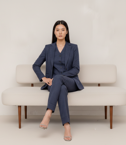 Navy Blue Striped 3-Piece Trouser Suit Women’s Formal Wear – styled on a model