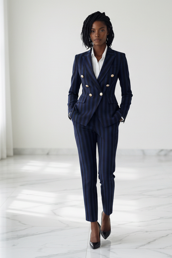 Navy Striped 2-Piece Trouser Suit Double Breasted Blazer – front view, worn by a model