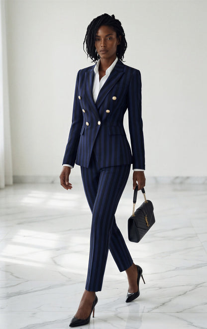 Navy Striped 2-Piece Trouser Suit Double Breasted Blazer – another front view, worn by a model