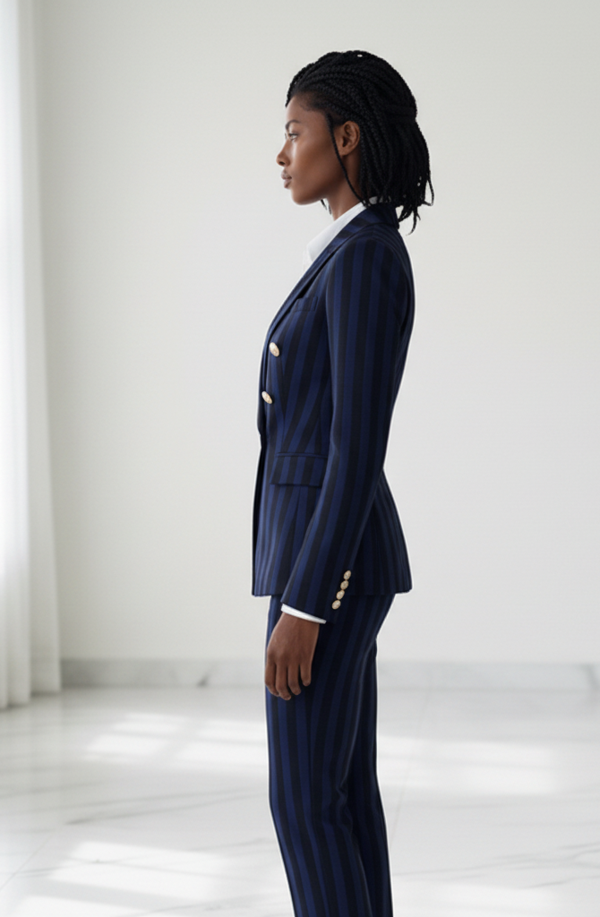 Navy Striped 2-Piece Trouser Suit Double Breasted Blazer – side view, worn by a model