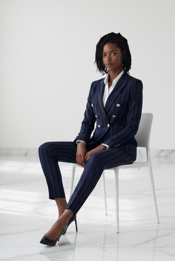 Navy Striped 2-Piece Trouser Suit Double Breasted Blazer – styled on a model