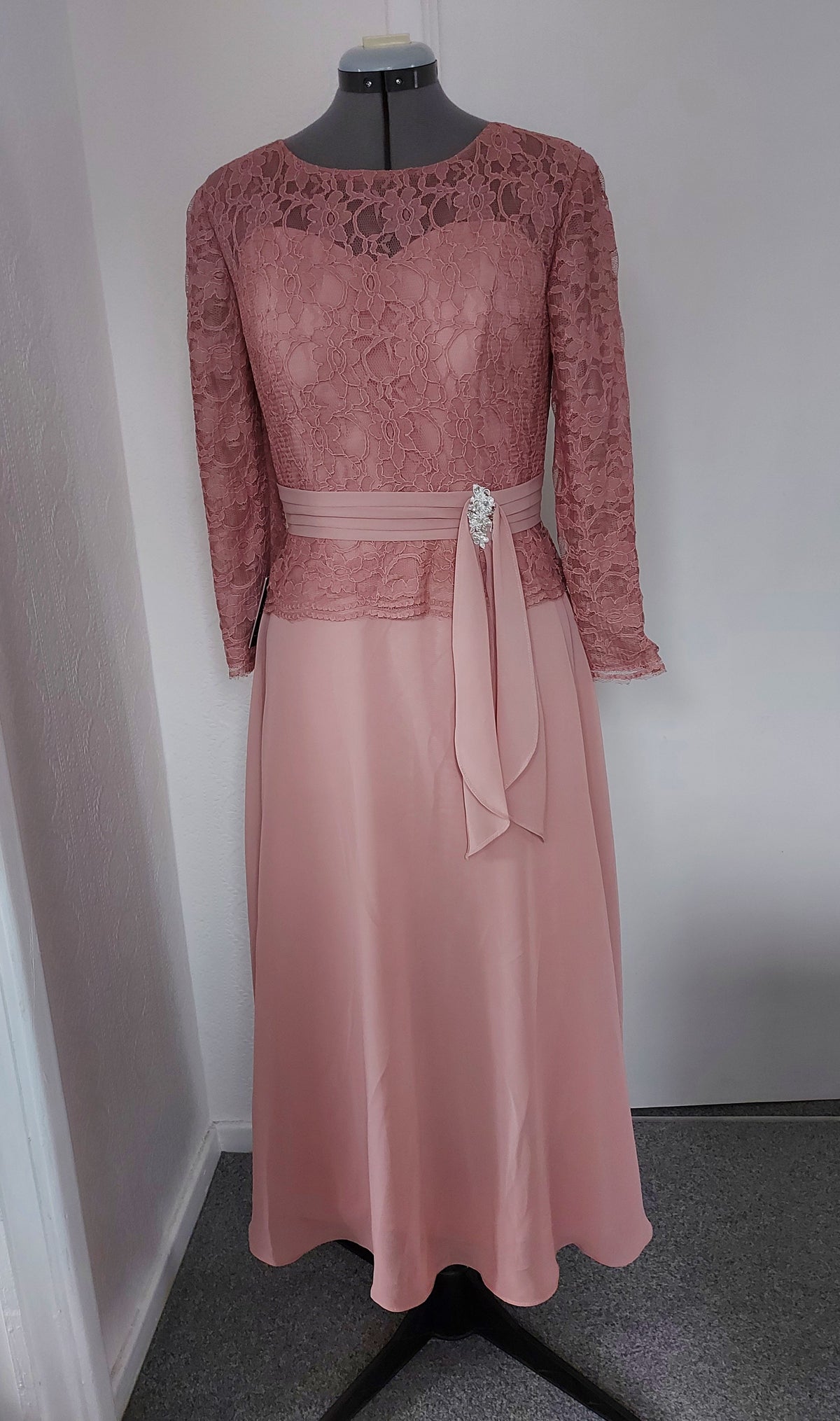 Pale Pink Lace Embellished A-Line Mother of the Bride Dress Midi Length – another shown on a dress form