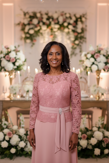 Pale Pink Lace Embellished A-Line Mother of the Bride Dress Midi Length – front view, worn by a model
