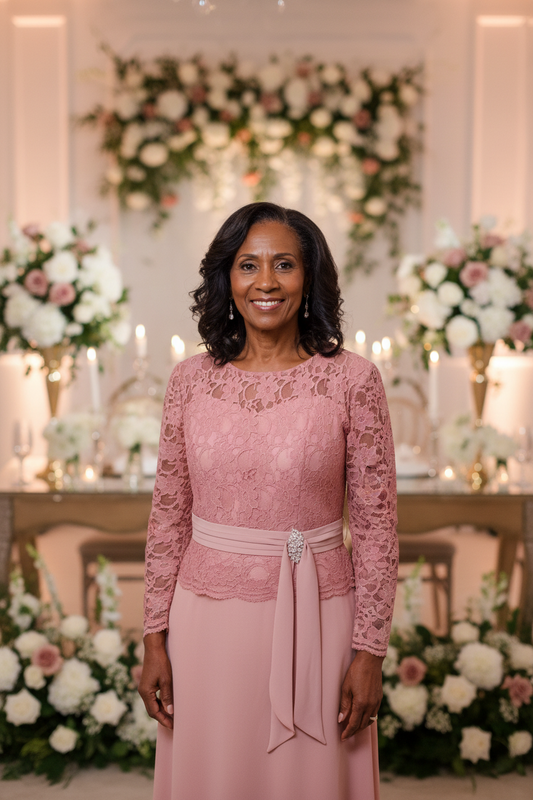Pale Pink Lace Embellished A-Line Mother of the Bride Dress Midi Length – front view, worn by a model