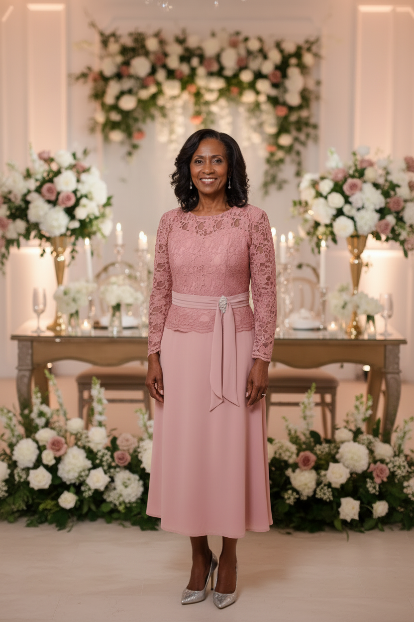 Pale Pink Lace Embellished A-Line Mother of the Bride Dress Midi Length – another front view, worn by a model