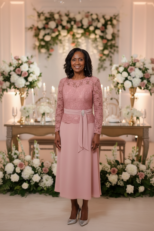 Pale Pink Lace Embellished A-Line Mother of the Bride Dress Midi Length – another front view, worn by a model
