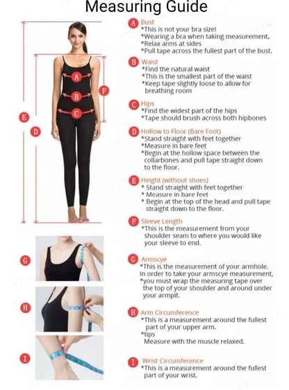 Measuring guide showing how to measure bust, waist, hips and length