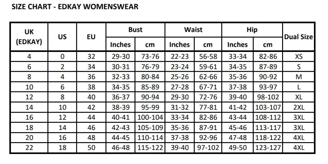 Size chart listing UK sizes with bust, waist and hip measurements