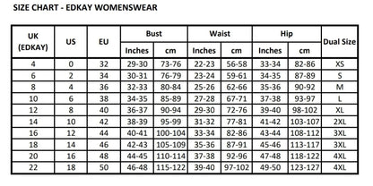 Size chart listing UK sizes with bust, waist and hip measurements