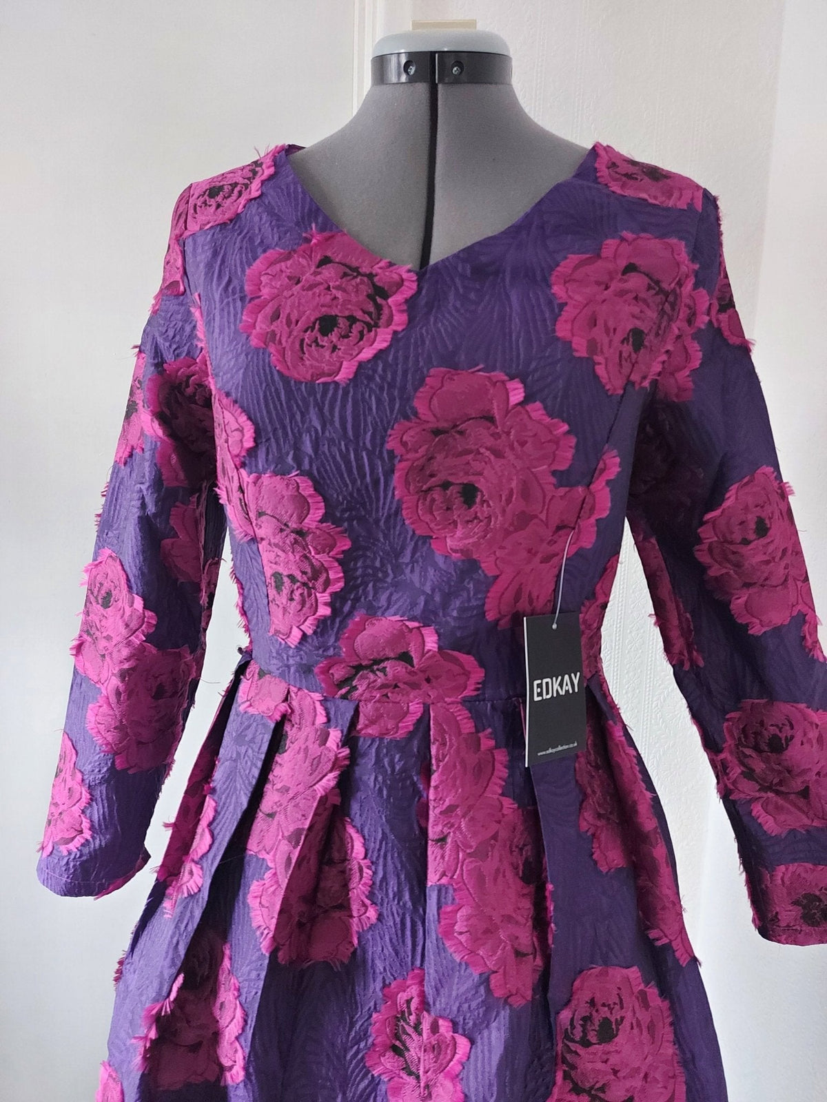 Pink Floral Jacquard Satin Midi Mother of the Bride Dress Formal – close-up of the fabric and details