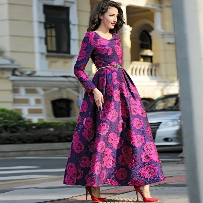 Pink Floral Jacquard Satin Midi Mother of the Bride Dress Formal – front view, worn by a model