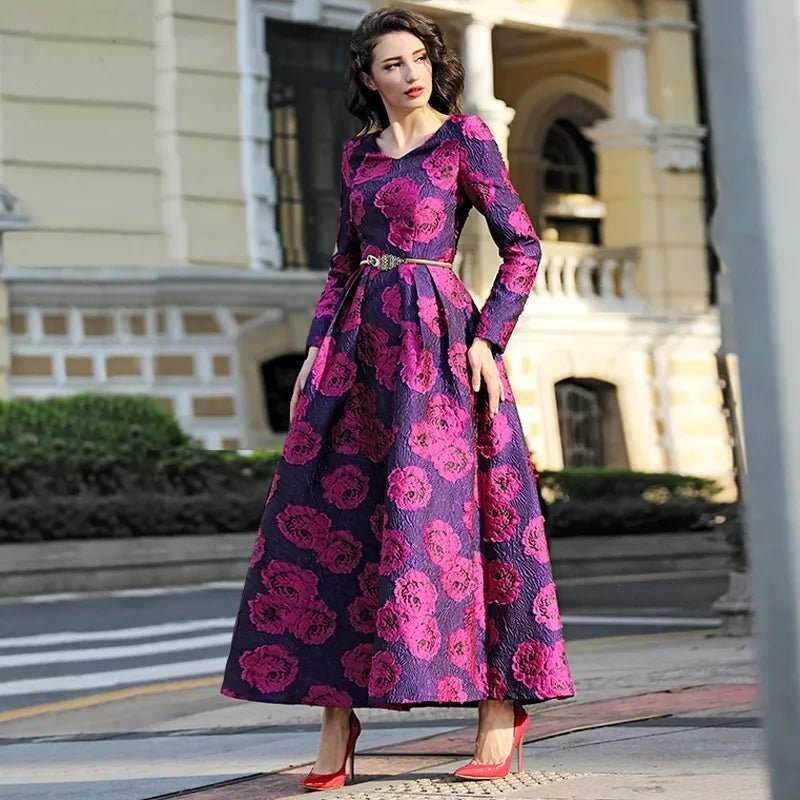 Pink Floral Jacquard Satin Midi Mother of the Bride Dress Formal – another front view, worn by a model