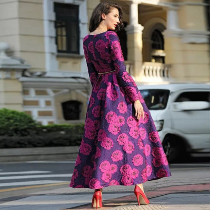 Pink Floral Jacquard Satin Midi Mother of the Bride Dress Formal – another front view, worn by a model