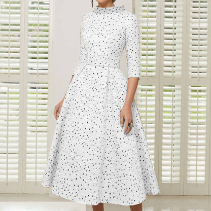 Polka Dot Choker Bridal Dress Retro Midi Sleeve A-Line Tea-Length – front view, worn by a model