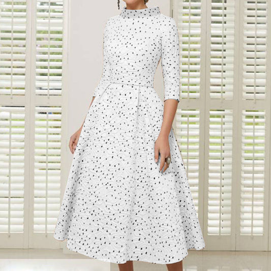 Polka Dot Choker Bridal Dress Retro Midi Sleeve A-Line Tea-Length – front view, worn by a model