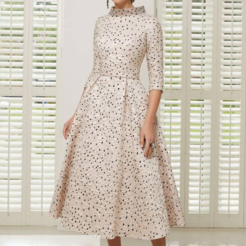 Polka Dot Choker Bridal Dress Retro Midi Sleeve A-Line Tea-Length – another front view, worn by a model